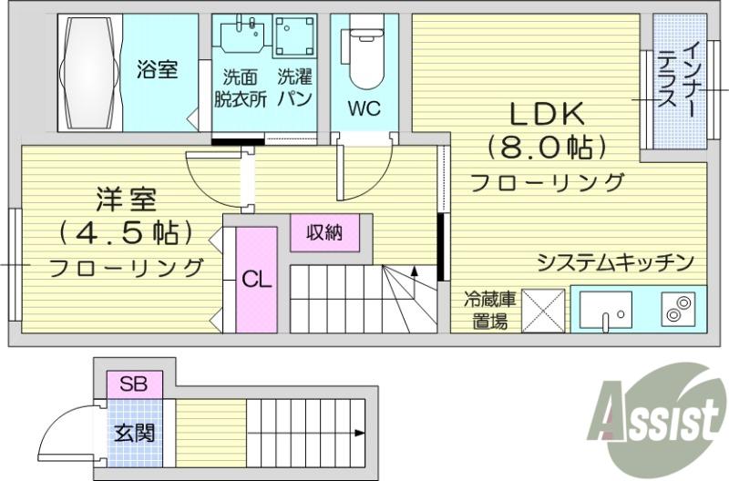 翠月荘 つむぎ(1LDK/2階)の間取り写真