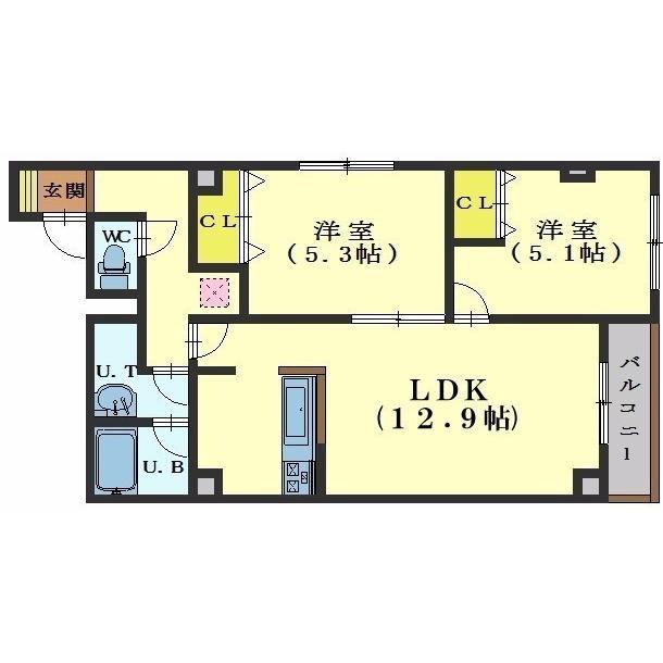 アールズコート大川(2LDK/1階)の間取り写真