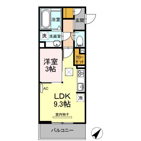 六軒屋シティパレス(1LDK/3階)の間取り写真