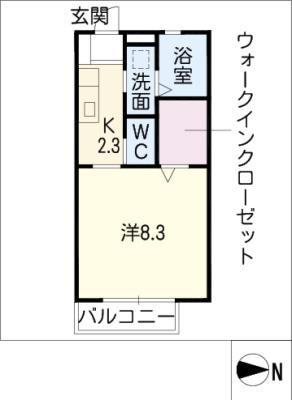 ヒルクレストII(1K/2階)の間取り写真