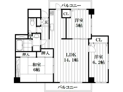 イーストマンション(3LDK/6階)の間取り写真