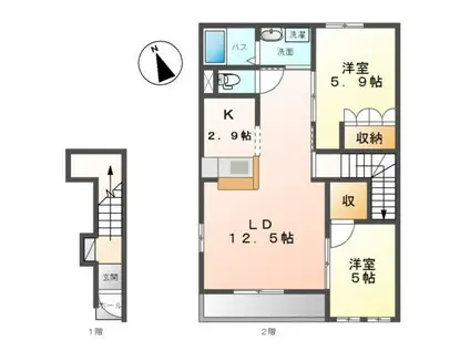 ヴィーブルハイツ B(2LDK/2階)の間取り写真