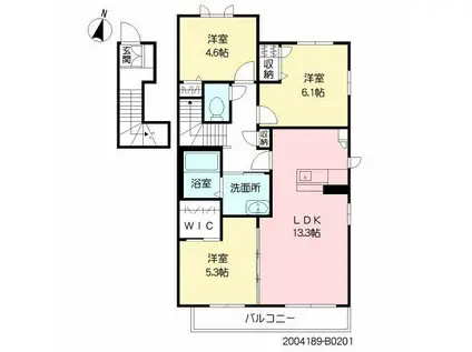 シャンティ B棟(3LDK/2階)の間取り写真