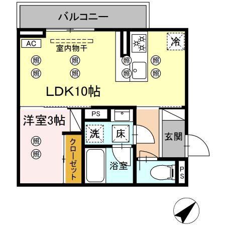 ディアライズ旭通 B棟(1LDK/1階)の間取り写真