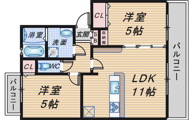シャトー東豊中(2LDK/1階)の間取り写真