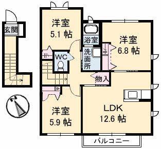 サンモールC棟(3LDK/2階)の間取り写真