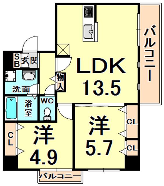 CRYSTA荒牧(2LDK/3階)の間取り写真