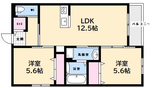 エーグレイス中広(2LDK/2階)の間取り写真