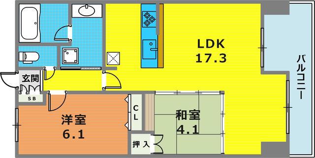 レジディア三宮東(2LDK/14階)の間取り写真