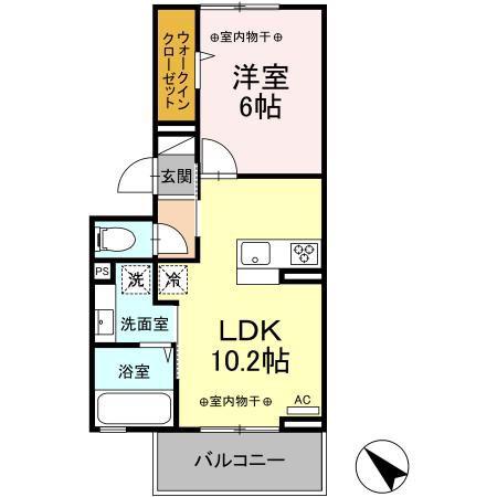ヒルズ国母(1LDK/2階)の間取り写真