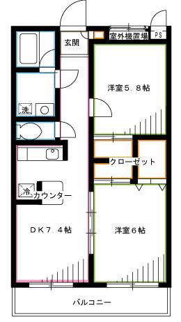 サンヴィラージュ三鷹(2DK/1階)の間取り写真