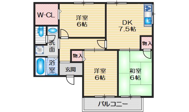 本町北パークハイムII(3SDK/1階)の間取り写真