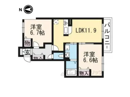 ハープアベニュー鶏冠井サウス(2LDK/1階)の間取り写真