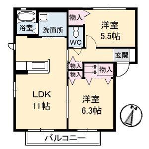 ツインズK.K II(2LDK/1階)の間取り写真