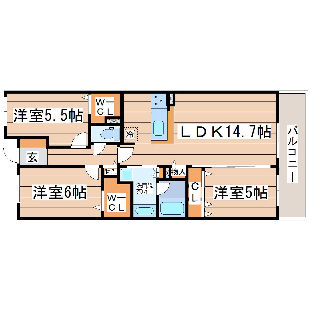 デュオヒルズ仙台花京院ザ・タワー(3LDK/10階)の間取り写真