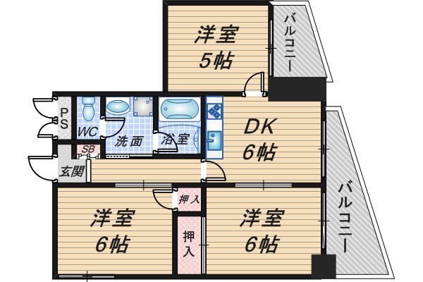 シャンティ豊中(3DK/4階)の間取り写真