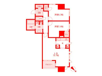 メトロタワー山下町(2LDK/13階)の間取り写真