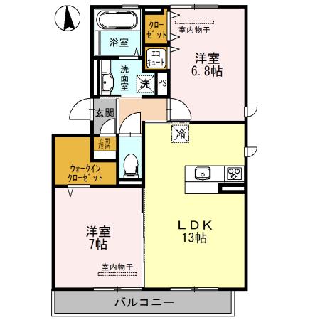 アンソレイユ B棟(2LDK/1階)の間取り写真