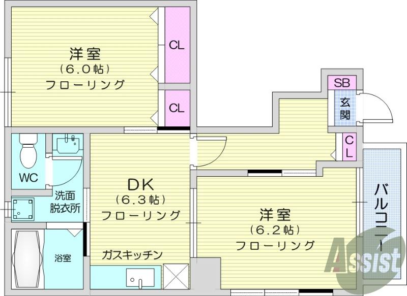 パレシャルマンB(2DK/1階)の間取り写真