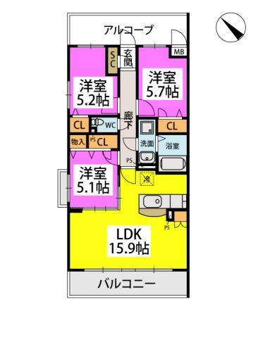 レーヴ永犬丸(3LDK/2階)の間取り写真