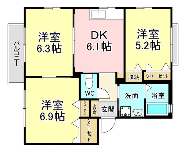 アリッサムKA棟(3DK/2階)の間取り写真