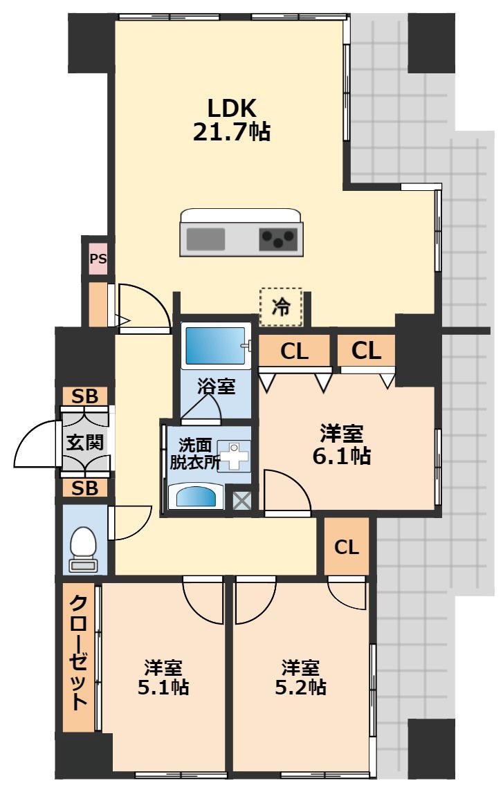 アクタス渡辺通パークシティ(3LDK/9階)の間取り写真