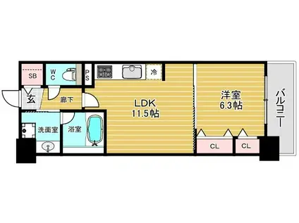 グランセジュール大国町(1LDK/2階)の間取り写真