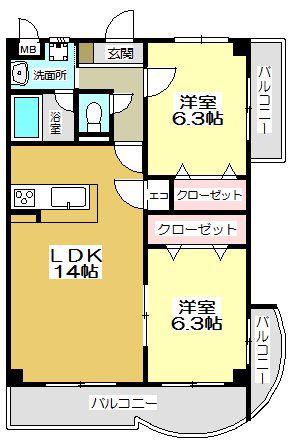 ニューガイア上石田(2LDK/2階)の間取り写真