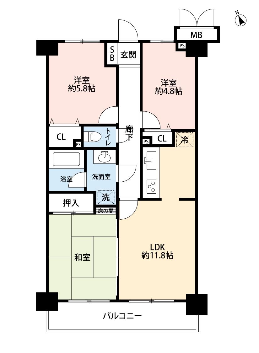 レクセル愛甲石田(3LDK/4階)の間取り写真