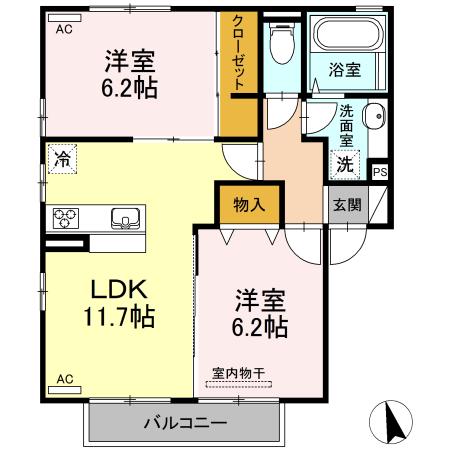 プラウド上田島 A棟(2LDK/2階)の間取り写真