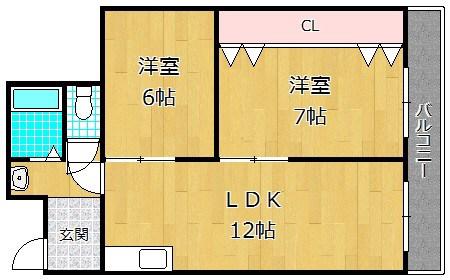 ロイヤルハイツさつき丘(2LDK/6階)の間取り写真