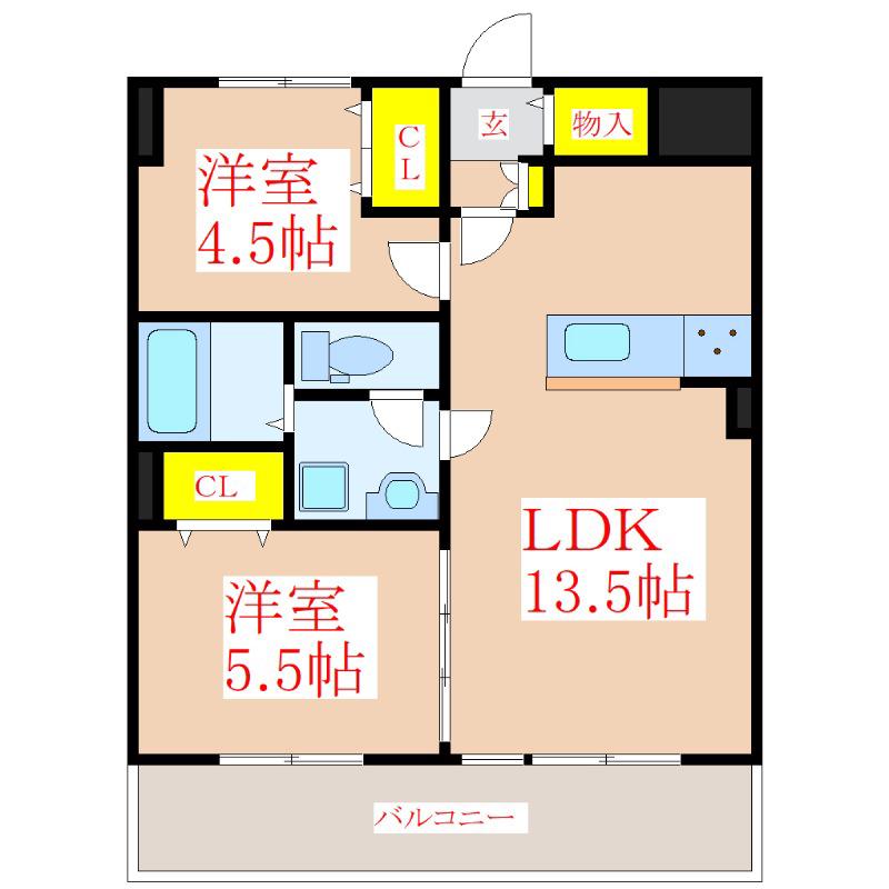 ベイシス隼人(2LDK/3階)の間取り写真