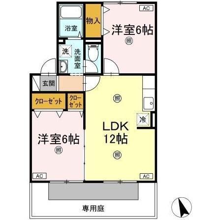 ヴィラージュ B棟(2LDK/1階)の間取り写真