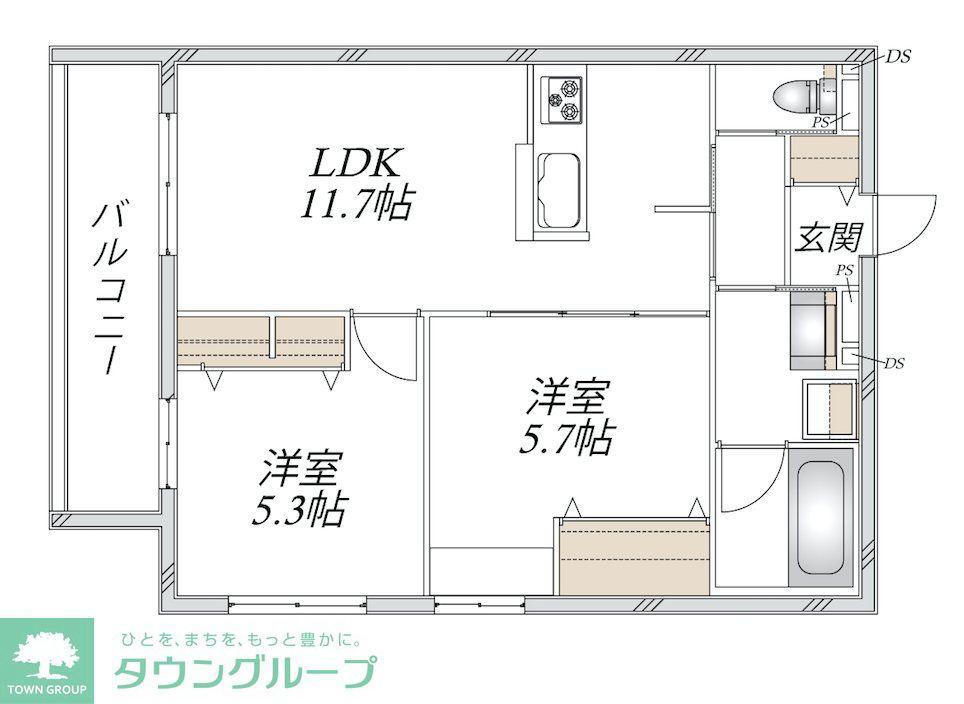 新石川1丁目メゾン東棟(2LDK/2階)の間取り写真