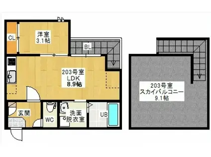 GRANDTIC ORANGE(1LDK/2階)の間取り写真