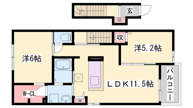 ルナソルE(2LDK/2階)の間取り写真