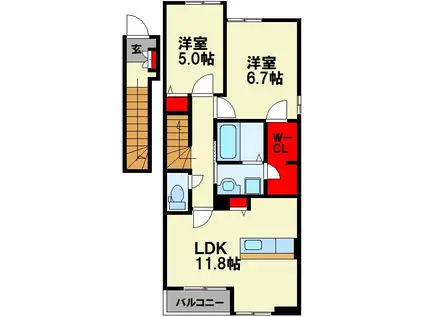 アメニティー・リヴ B(2LDK/2階)の間取り写真