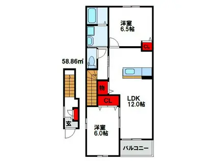グリーンヒルズ旭B(2LDK/2階)の間取り写真