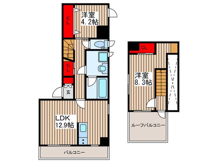 グリュック(2LDK/3階)の間取り写真