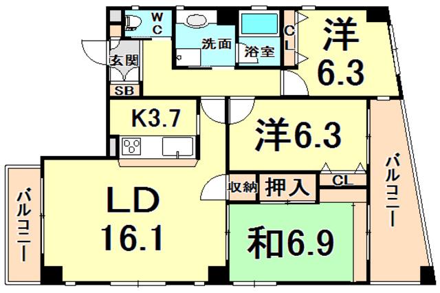 プレシオ甲子園口(3LDK/3階)の間取り写真