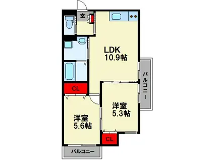 クラシャス川宮(2LDK/3階)の間取り写真