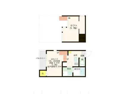 ハーモニーテラス箱崎(1K/2階)の間取り写真