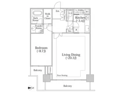 河田町ガーデン クラブフロア(1LDK/36階)の間取り写真