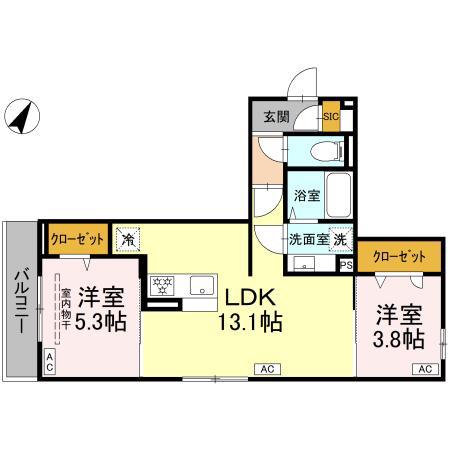 フラクタス湘南茅ヶ崎(2LDK/2階)の間取り写真