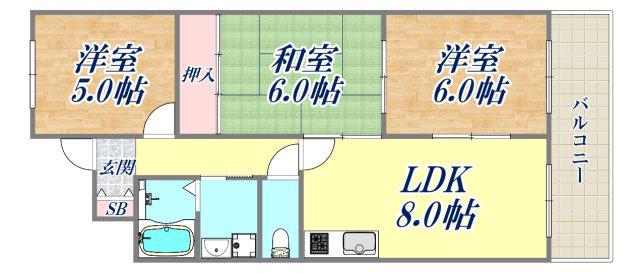 武庫之荘クラウンハイツ(3LDK/2階)の間取り写真