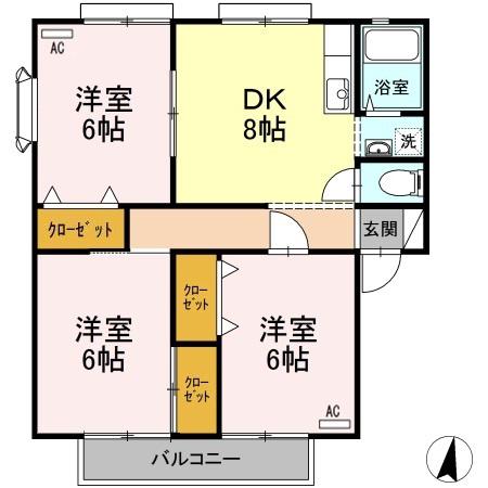 サンガーデン水川A棟(3DK/2階)の間取り写真