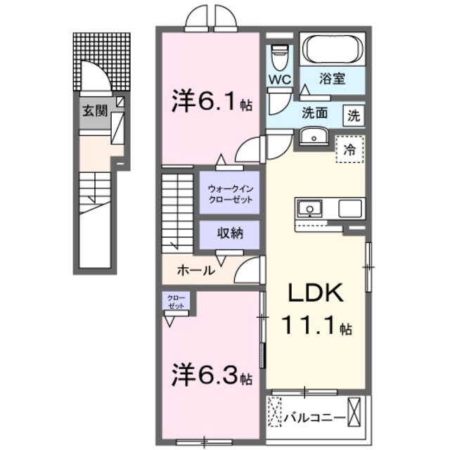 ジラソーレ西庄II(2LDK/2階)の間取り写真