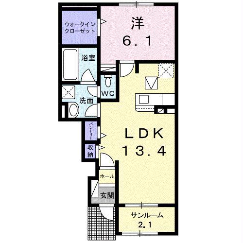 ラシュレ楡木(1LDK/1階)の間取り写真