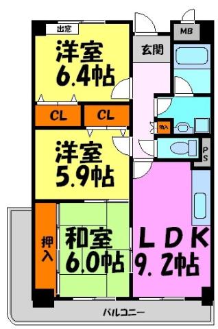グランヴェール萩原(3LDK/5階)の間取り写真