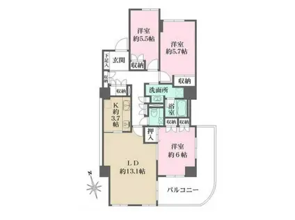 西早稲田南ウィング(3LDK/11階)の間取り写真